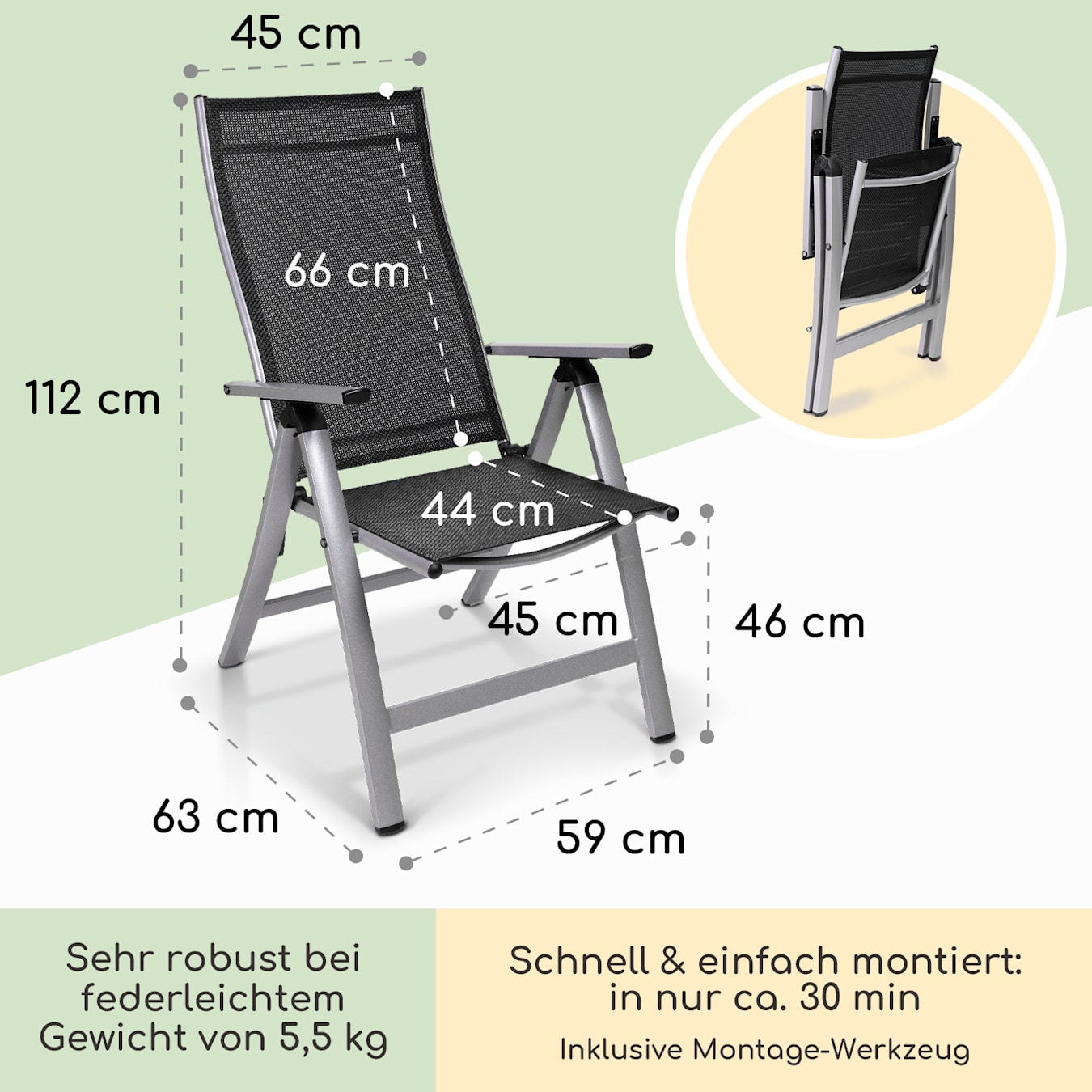 London Gartenstuhl Klappstuhl | 4 Stück | Sitzfläche: 45 x 44 cm | 6  Sitzpositionen – 5-fach verstellbar | wetterfestes Textilene |  pulverbeschichtetes Aluminiumgestell | faltbar | Klappsicherungshebe 4 x  Stuhl | Silber