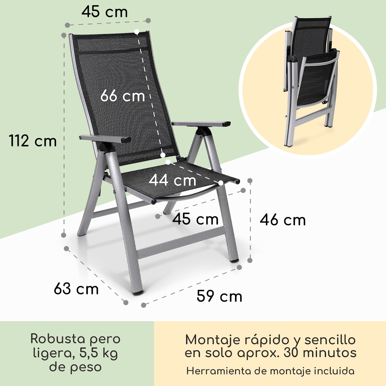 Silla de jardín London silla plegable | 6 piezas | asiento: 45 x 44 cm | 6  posiciones de asiento - ajustable en 5 direcciones | Textilene resistente a  la intemperie | marco de aluminio con recubrimien 6 x silla | Plata