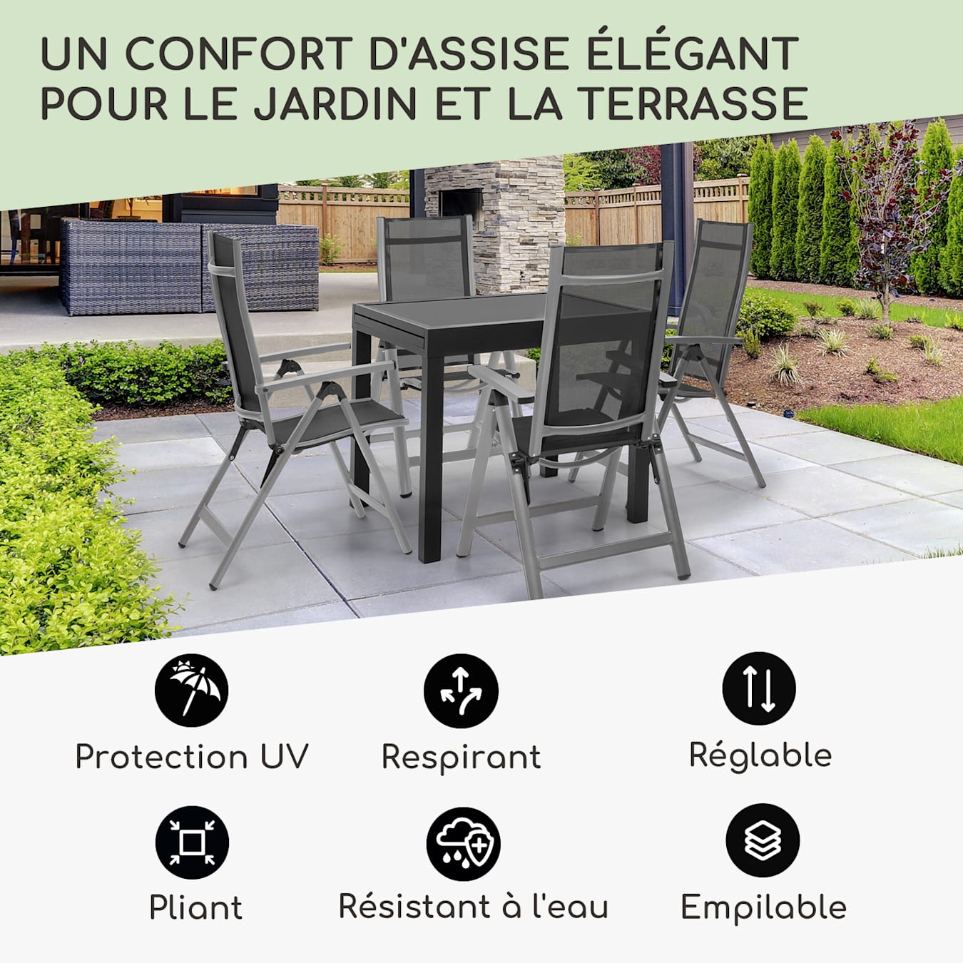 Lot de 6 chaises de jardin en textilène gris, aluminium noir