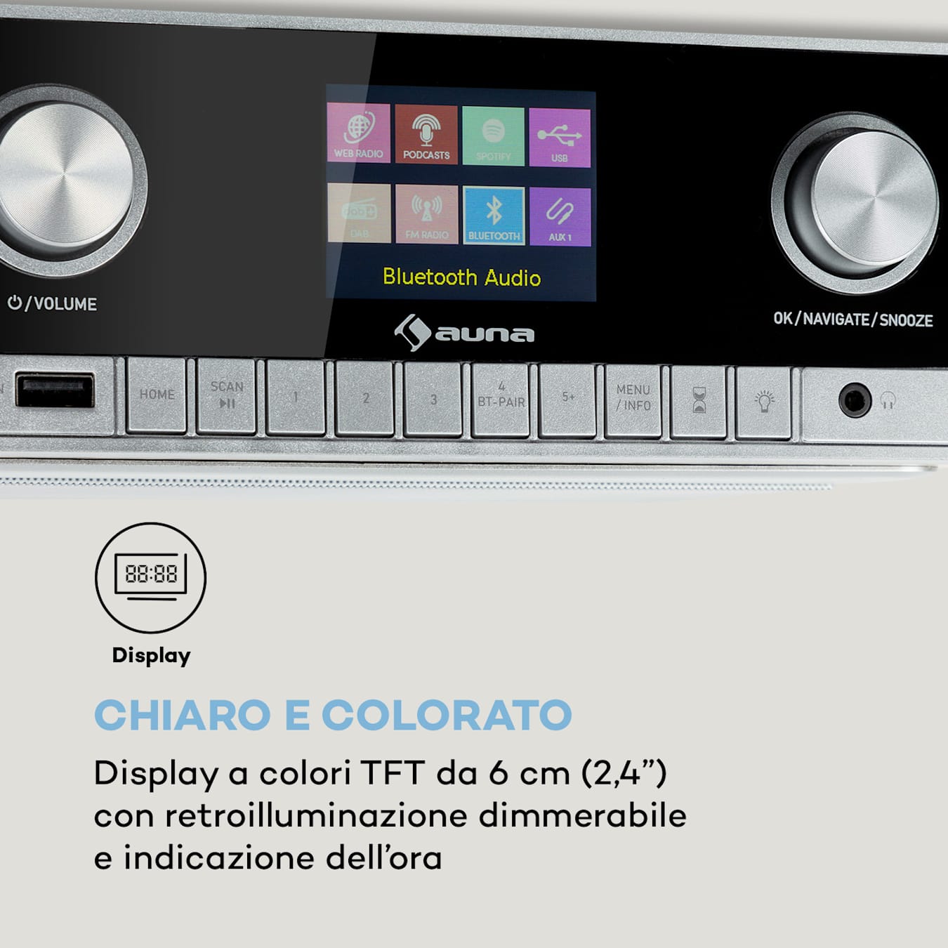 auna Connect Soundchef MKII Radio sottopensile da cucina con supporto per  tablet, Bluetooth vivavoce, Luce ambiente, Display TFT a colori da 2,4, Wi-Fi, Spotify Connect