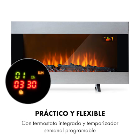 Potencia 2000 W Acero Inoxidable 2 Niveles Sin precalentamiento Termostato Chimenea el/éctrica Plateado Claro Temporizador semanal hasta 40 m/² Ilusi/ón Llamas LED KLARSTEIN Basel Illumine