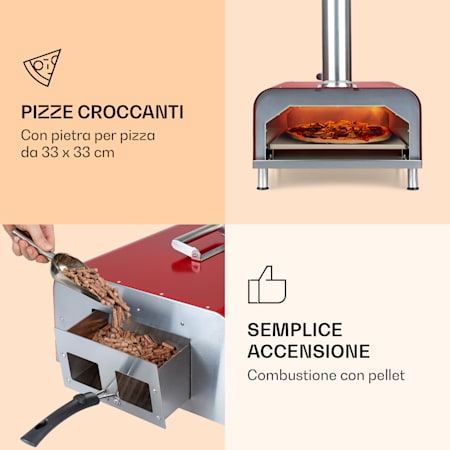 Diavolo, forno a pellet per pizza, incl. pietra refrattaria, termometro,  acciaio inox Rosso