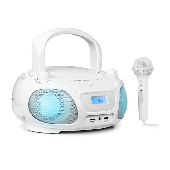 Roadie Sing CD Boombox mit UKW-Radio und Lichtshow | CD-Player | Mikrofon |  FM-Radio | Bluetooth | LED Disco Light Effect | USB | AUDIO IN |  Sing-A-Long Funktion | 3,5 mm Klinkenanschluss für Kopfhöre Weiß