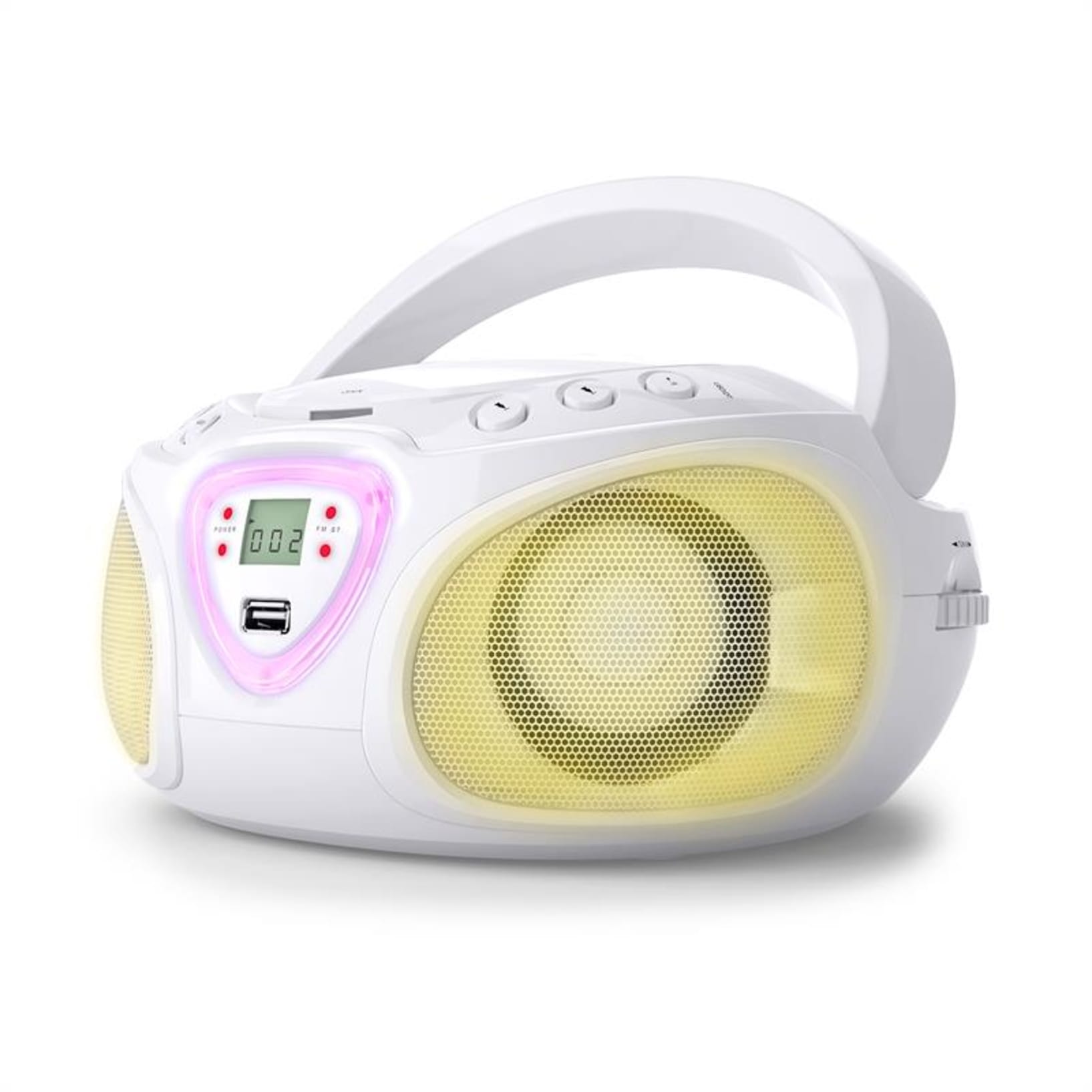 Roadie CD Boombox FM-radiolla ja valoshow'lla | CD-soitin | FM-radio |  Bluetooth  | LED-diskovalotehoste | USB | AUX-In | 3,5 mm:n  plugiliitäntä kuulokkeille | kannettava Valkoinen