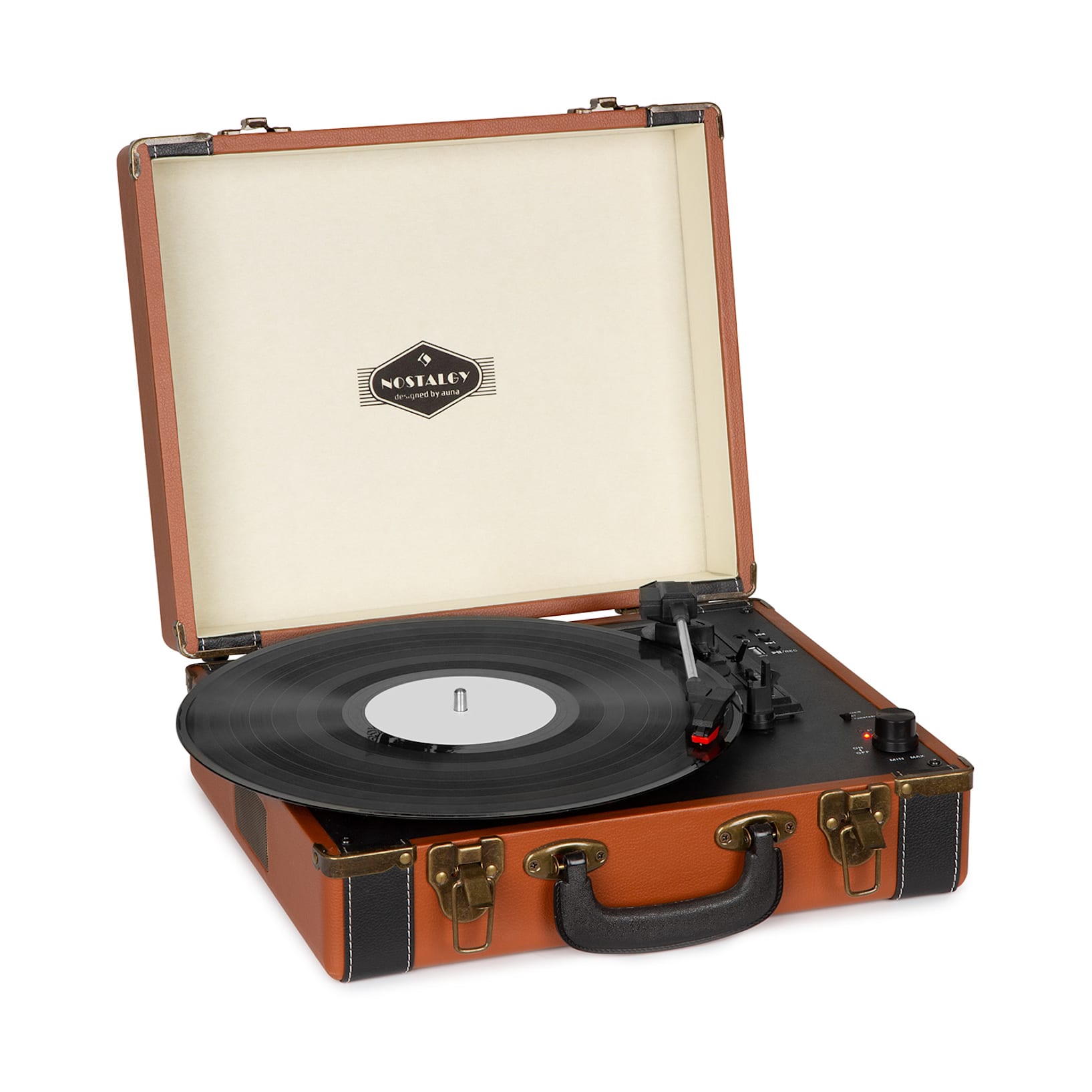 auna TTS6 Coffret à vinyles style rétro en cuir rangement 30 disques –  marron Brun