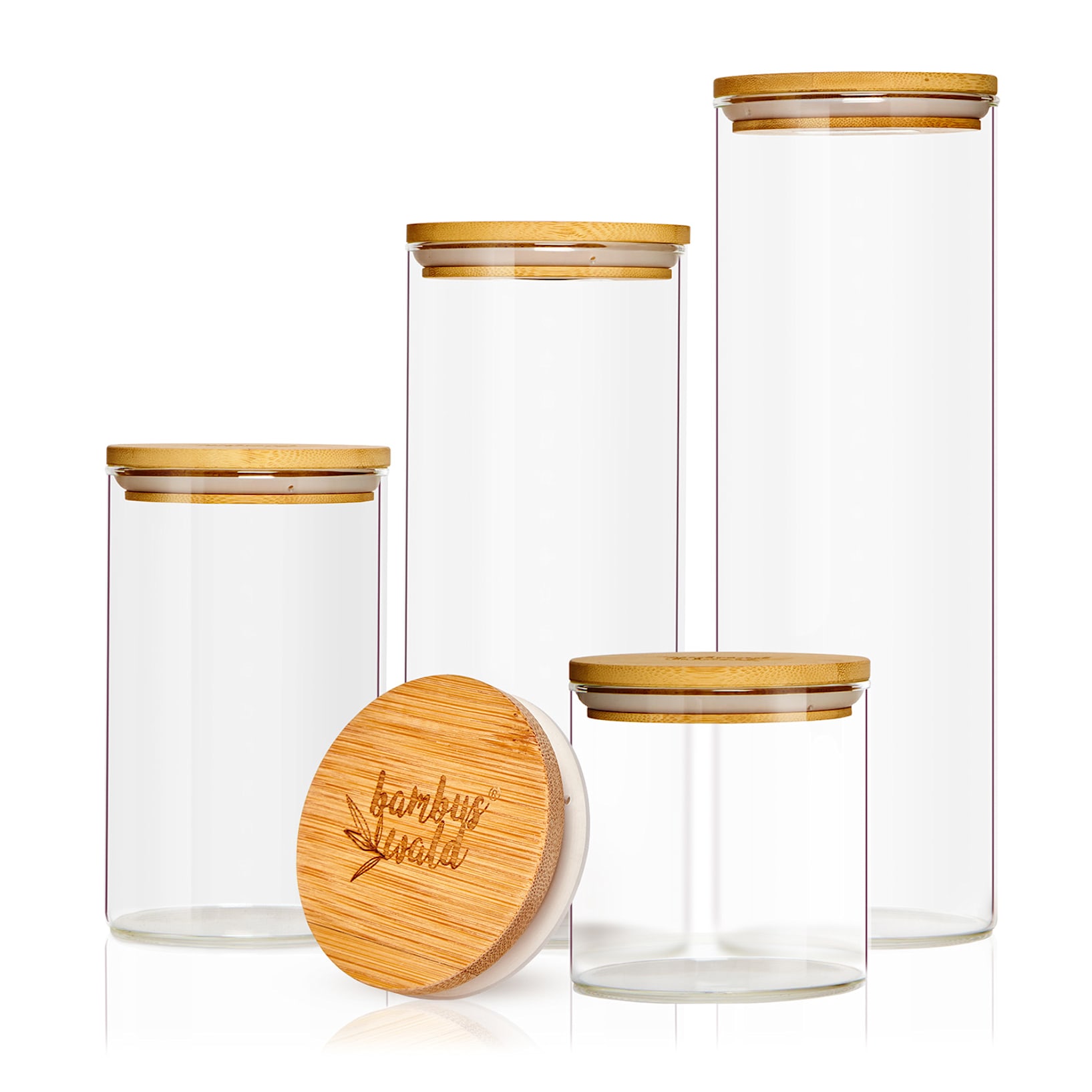 Lot de 4 bocaux en verre & couvercle en bambou