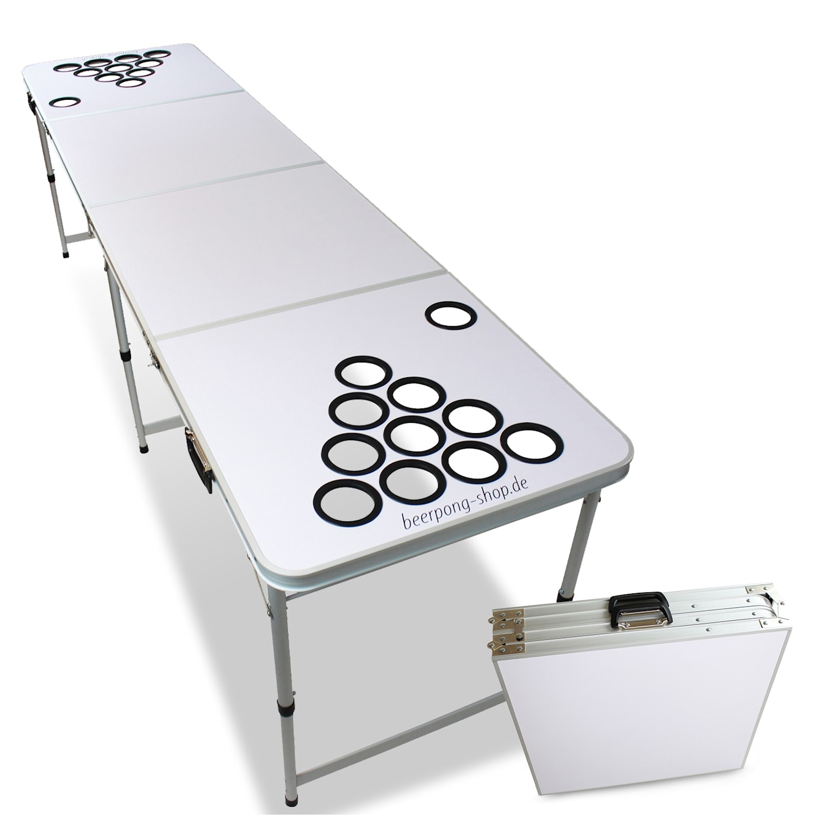 Backspin Beer Pong Tisch Set White DIY, Aluminiumtisch mit Tragegriffen, Becherhalterung, Ballhalter inkl. 6 Beer Pong Bälle, spritzwassergeschützte Spieloberfläche