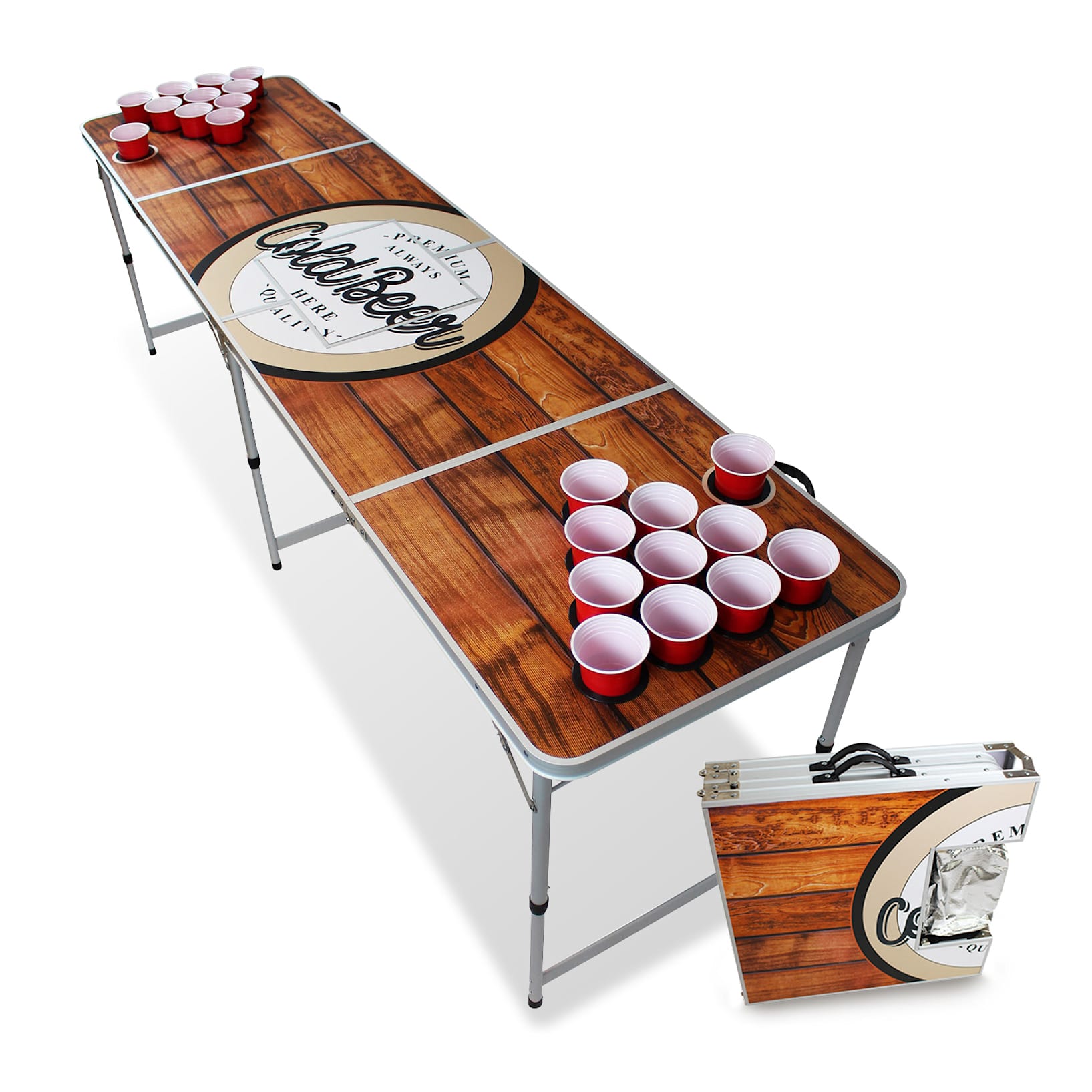 Backspin Beer Pong Tisch Set Wood, Aluminiumtisch mit Tragegriffen, Eisfach für Kaltgetränke, Becherhalterung, 50 original Red Solo Cups, 50  Shot Cups, Ballhalter inkl. 6 Beer Pong Bälle