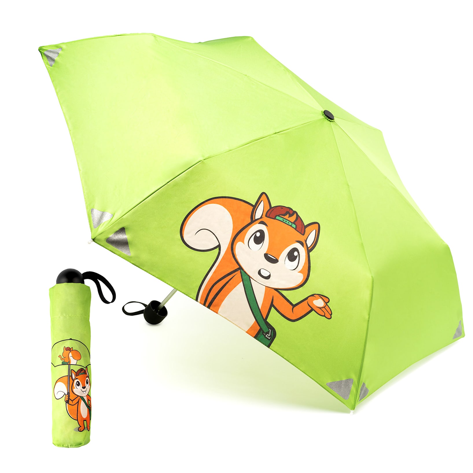 Votna detský vreckový dáždnik | ľahké otváranie/zatváranie | reflektory na  rohoch | vysoká viditeľnosť | vrátane ochranného krytu | vodotesný |  rozpätie: 90 cm | veľmi ľahký | skladací | menovka | zvi Zelená