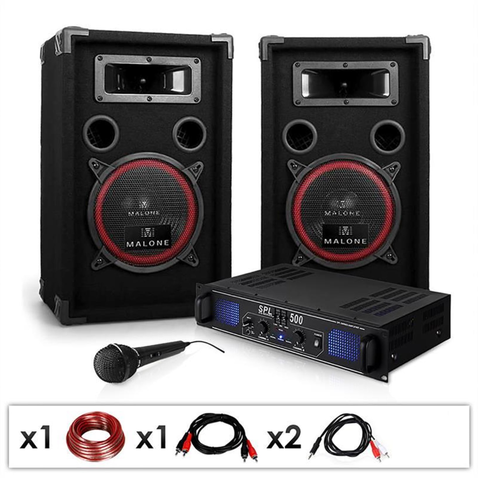 DJ-14 Equipo de sonido profesional 2x 250W Amplificador, altavoces y  micrófono