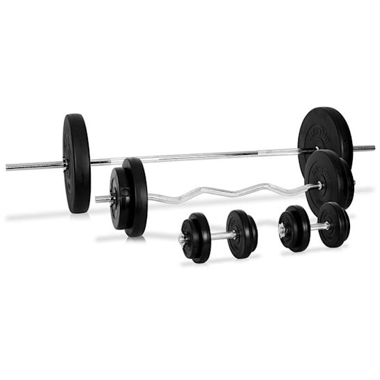 Dumbbell Set Barbell Curl Bar 14 x Weights 75kg Plastic Coated