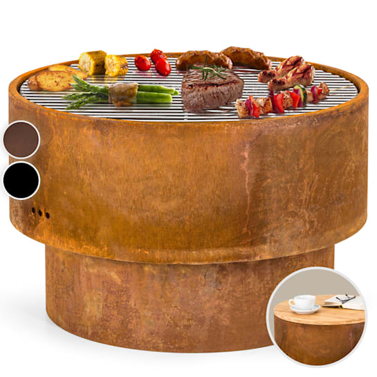 Braséro Barbecue Blumfeldt Pompeji - Ø60 Cm - Grille De Cuisson 56 Cm - Acier Épais - Table Bambou - Pour Jardin, Terrasse