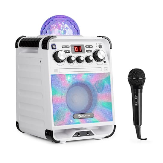 Rockstar LED karaokelaitteisto CD-soitin Bluetooth USB AUX 2 x 6,3mm valkoinen