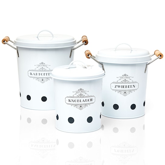 Aufbewahrungstöpfe Vorratsdosen | 3er Set: Kartoffeln, Zwiebeln und