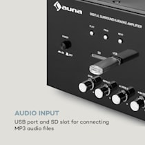 Amplificador surround AMP-218 BT Digital 5.1, Potencia de salida: 2 x 120  vatios + 3 x 50 vatios RMS, Amplificador Bluetooth, Sintonizador FM y  conexión de antena, USB / SD, Entrada AUX-In