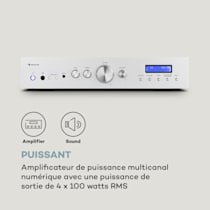 AMP-CD608 DAB amplificateur HiFi stéréo 4x100W RMS DAB+ BT entrée Optique  télécommande Argent