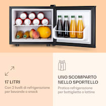 Geheimversteck - Mini frigo, Classe energetica G, 17 litri, Temperatura:  4,5-15 °C, 3 regolazioni, Posizionamento libero, Silenzioso: 26 dB max., Termoelettrico, 2 livelli, Minibar