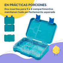 fiambrera junior, con recipiente adicional, apta para niños, sellada, 4  ó 6 compartimentos para porciones, apta para alimentos líquidos, 21,3 x  15 x 4,5 cm (ancho x alto x fondo)