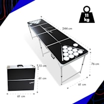 Backspin Beer Pong Tisch Set Wood, Aluminiumtisch mit Tragegriffen, Eisfach für Kaltgetränke, Becherhalterung, Ballhalter inkl. 6 Beer Pong  Bälle, spritzwassergeschützte Spieloberfläche