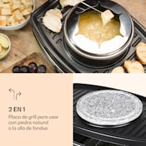 Entrecôte 2 en 1 parrilla raclette y fondue, 1100W, 2 en 1: placa de  metal y piedra natural, elemento calentador de acero inoxidable, 8  personas, 8 sartenes para raclette