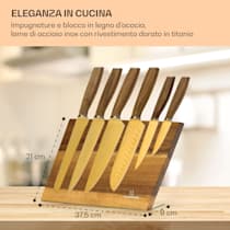 Kazuno - Set di coltelli con blocco per riporli, Rivestimento in titanio  PVD, 6 coltelli, Blocco di legno con nucleo magnetico, Massima igiene