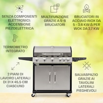 Tomahawk - Griglia a gas, 5 bruciatori + 1 bruciatore per wok, Termometro, Accensione piezoelettrica, Griglia di cottura in ghisa da 80 x 43,5 cm, Potenza riscaldante: 5 x 3,6 kW