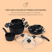 Noto Endurance - Set completo di pentole e padelle, Casseruola: Ø 16 cm  & 3 pentole con coperchio in vetro: Ø 20, 24, 28 cm, 3 padelle con manico  rimovibile: Ø 20, 24, 28 cm