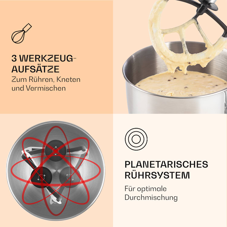 Bella Küchenmaschine 1800 W / 2,7 PS 5 Ltr Edelstahl BPA-frei Silber-Metallic