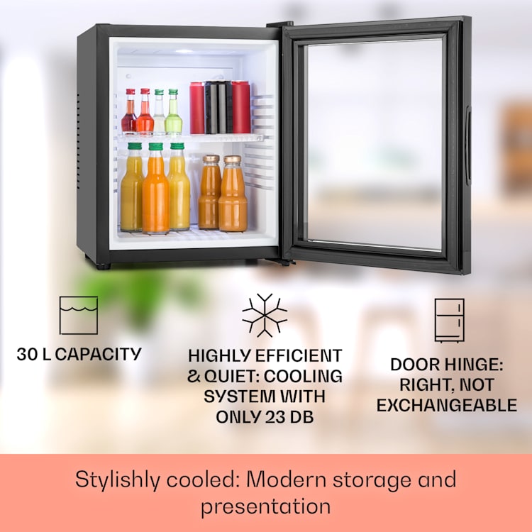 MKS-13 Minibar Mini frigo 3 livelli di temperatura Volume: 30L 23 dB Porta di vetro nera 30 Ltr | Nero / Bianco
