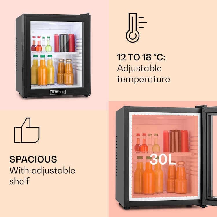 MKS-13 Minibar Mini frigo 3 livelli di temperatura Volume: 30L 23 dB Porta di vetro nera 30 Ltr | Nero / Bianco