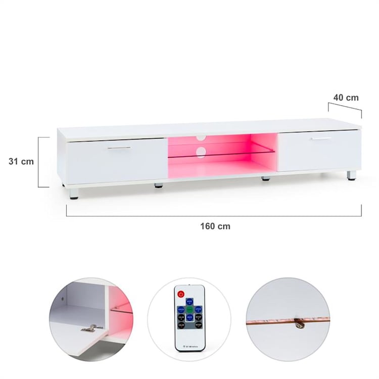 Keira Lowboard, TV stol, beli, s LED osvetlenjem, promjena boja 