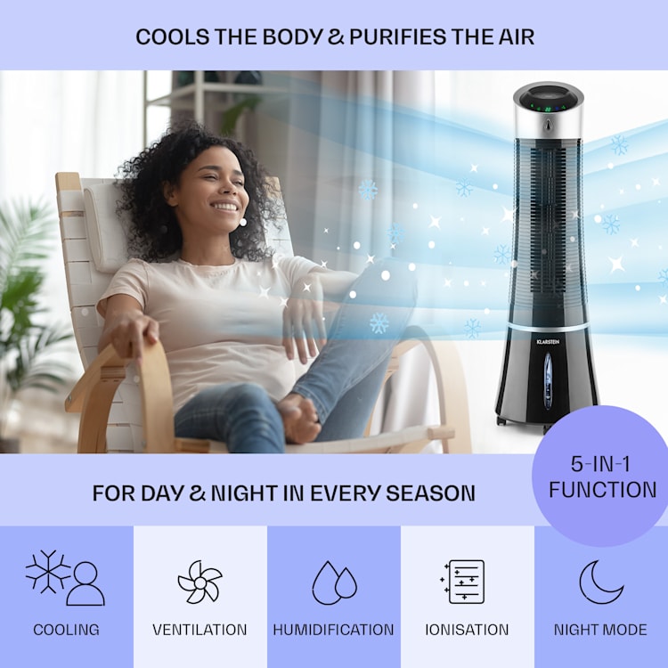 Skyscraper Ice 4-in-1 Rafraîchisseur d'air et  Ventilateur 210 m³/h 30 W Oscillation mobile Télécommande 180 m³/h | Non | Noir