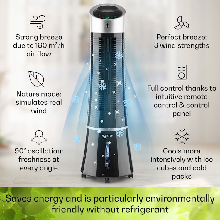 Skyscraper Ice 4-in-1 Rafraîchisseur d'air et  Ventilateur 210 m³/h 30 W Oscillation mobile Télécommande 180 m³/h | Non | Noir