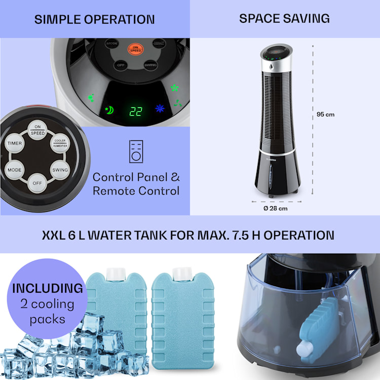 Skyscraper Ice 4-in-1 Rafraîchisseur d'air et  Ventilateur 210 m³/h 30 W Oscillation mobile Télécommande 180 m³/h | Non | Noir