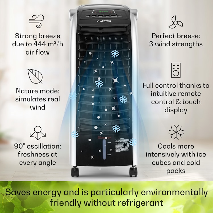Maxfresh ventilatore, raffrescatore evaporativo, umidificatore, funzione 4 in 1, oscillazione, serbatoio d'acqua da 6L, 55W, funzione timer 444 m³/h | No | Nero