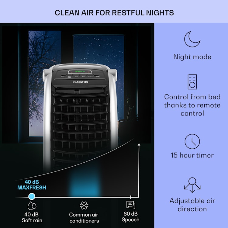 Maxfresh ventilatore, raffrescatore evaporativo, umidificatore, funzione 4 in 1, oscillazione, serbatoio d'acqua da 6L, 55W, funzione timer 444 m³/h | No | Nero