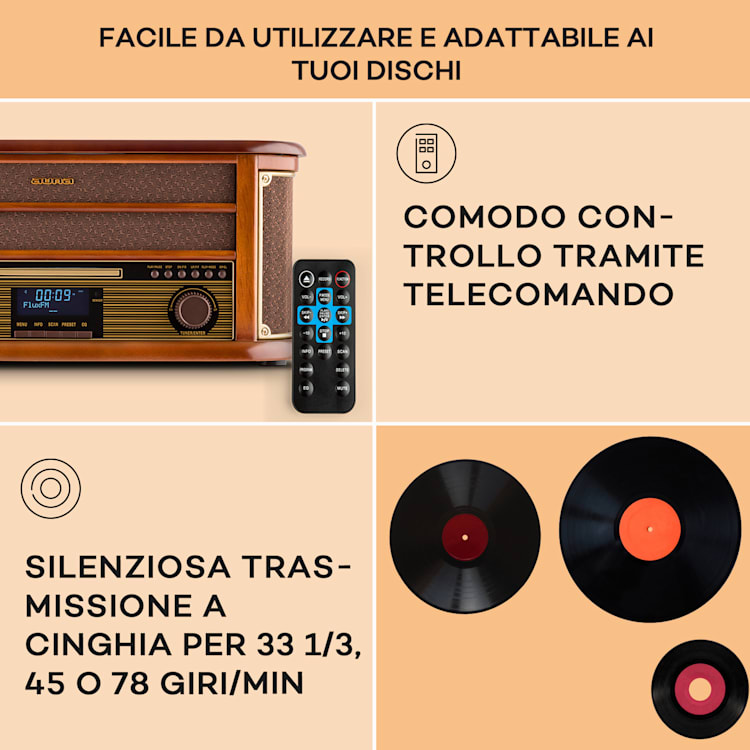 Belle Epoque 1908 DAB - Impianto stereo rétro, giradischi, DAB+ CD-Player / DAB-Radio | Legno di ciliegio