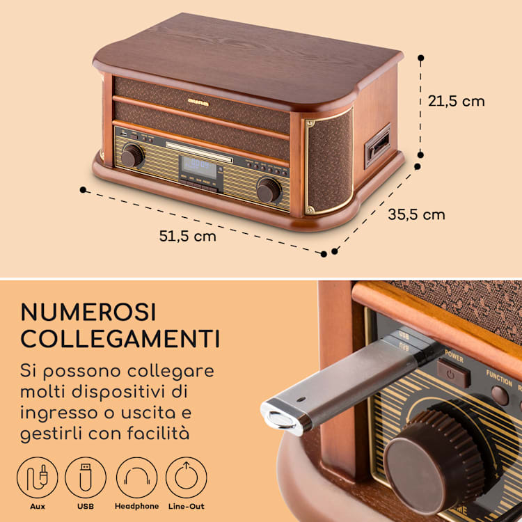 Belle Epoque 1908 DAB - Impianto stereo rétro, giradischi, DAB+ CD-Player / DAB-Radio | Legno di ciliegio