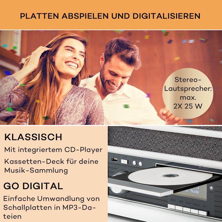 Belle Epoque 1908 DAB Retro-Stereoanlage Plattenspieler DAB+ Bluetooth CD-Player / Bluetooth / DAB Radio | Weißes Holz