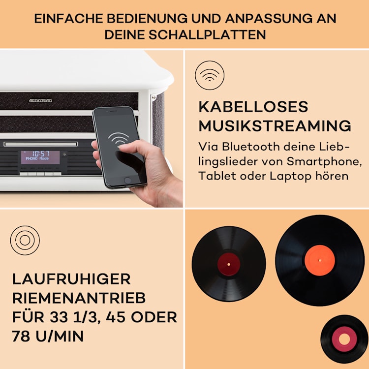 Belle Epoque 1908 DAB Retro-Stereoanlage Plattenspieler DAB+ Bluetooth CD-Player / Bluetooth / DAB Radio | Weißes Holz