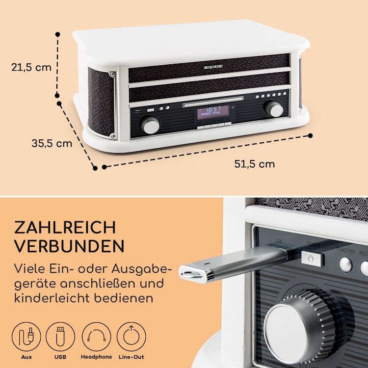 Belle Epoque 1908 DAB Retro-Stereoanlage Plattenspieler DAB+ Bluetooth CD-Player / Bluetooth / DAB Radio | Weißes Holz