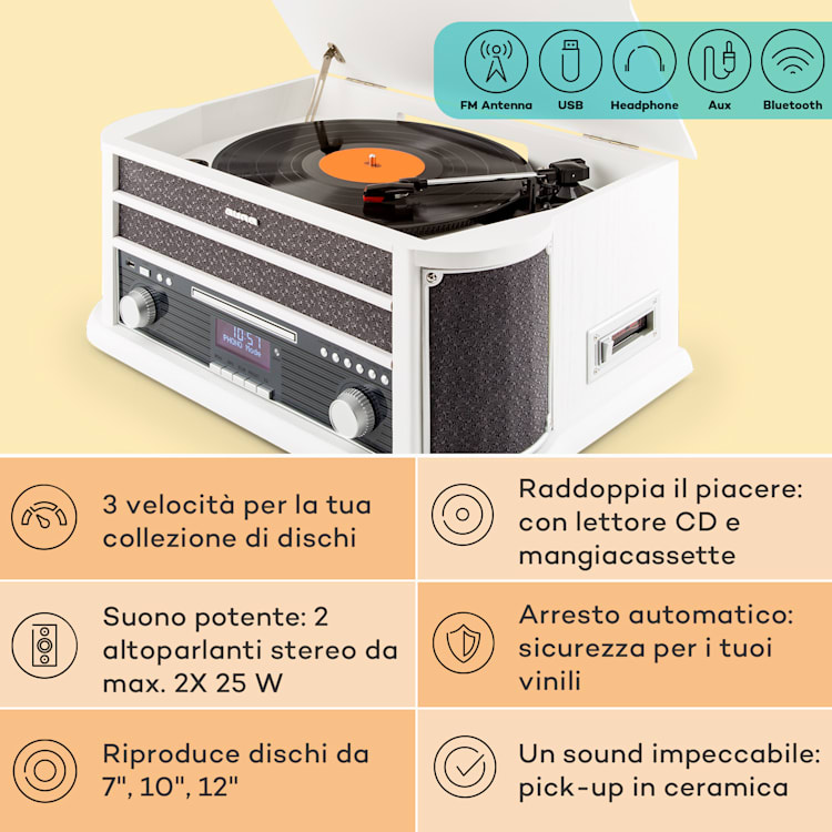Belle Epoque 1908 DAB - Impianto stereo rétro, giradischi, DAB+, Bluetooth bianco | CD-Player / Bluetooth / DAB Radio