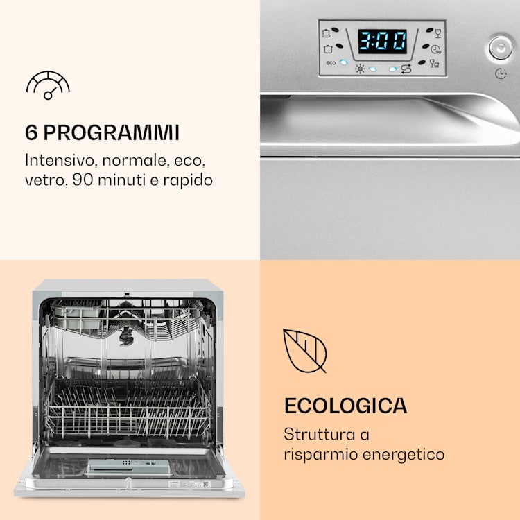 Amazonia 8 - Lavastoviglie, 1620 Watt, per 8 coperti, 49 dB, Aquastop Argento metallizzato