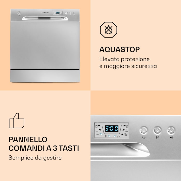 Amazonia 8 - Lavastoviglie, 1620 Watt, per 8 coperti, 49 dB, Aquastop Argento metallizzato