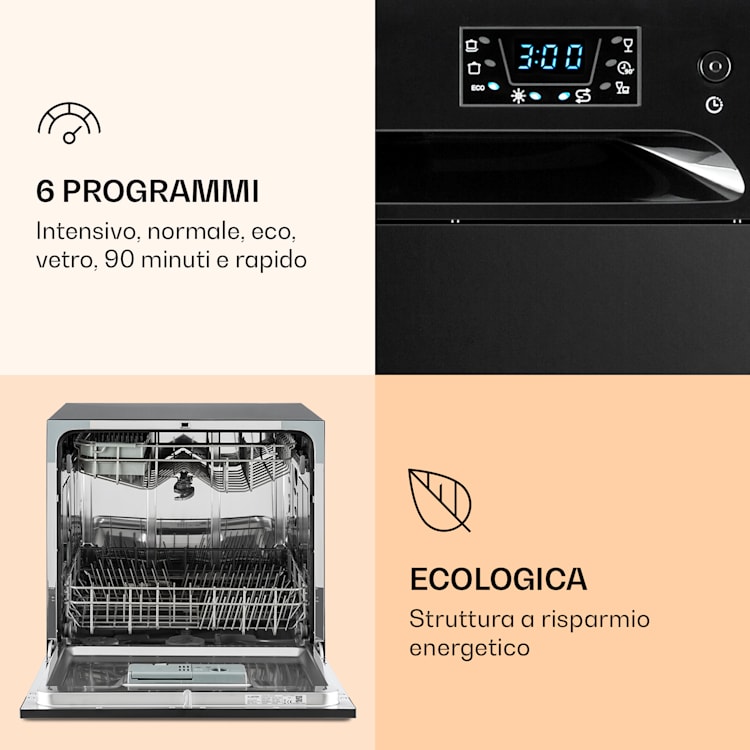 Amazonia 8 - Lavastoviglie, 1620 Watt, per 8 coperti, 49 dB, Aquastop Nero