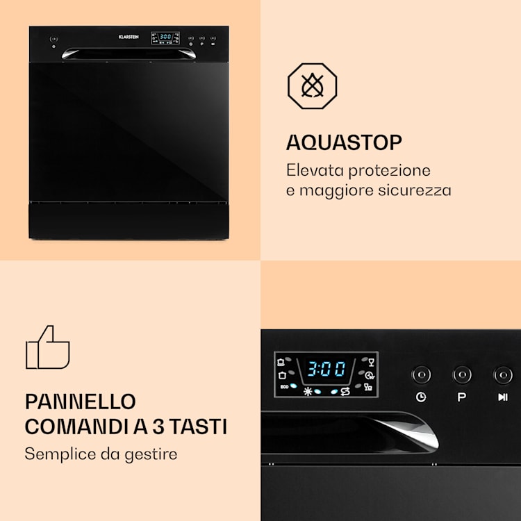 Amazonia 8 - Lavastoviglie, 1620 Watt, per 8 coperti, 49 dB, Aquastop Nero