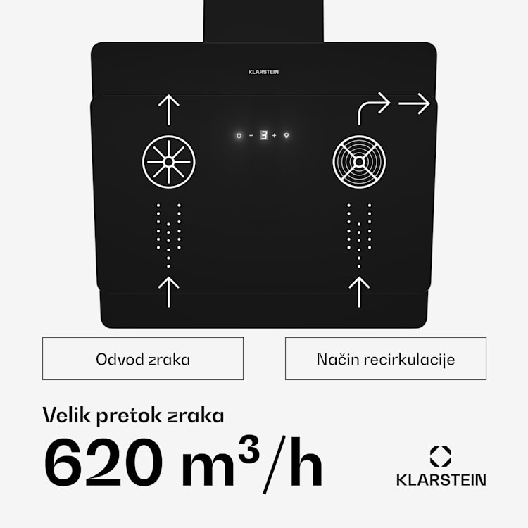 Aurica 60, kuhinjska napa, 165W, 3 stopnje, 620 m³/h, LED, steklo, črne barve 60 cm | no_replacement_filter | Črna
