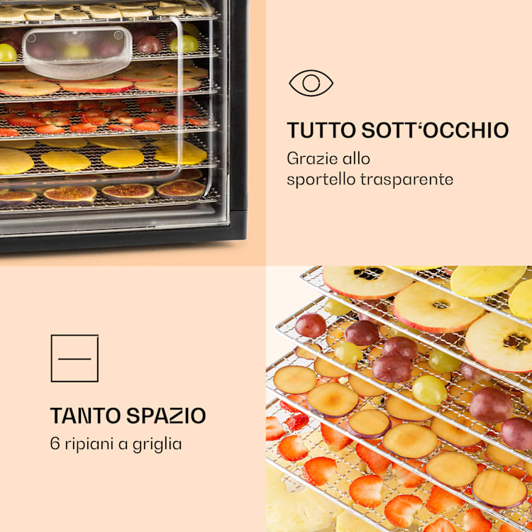 Fruit Jerky Plus 6 - Essiccatore, timer, 6 ripiani, disidratatore, 420-500 W, 35-70 °C, display 6 scomparti