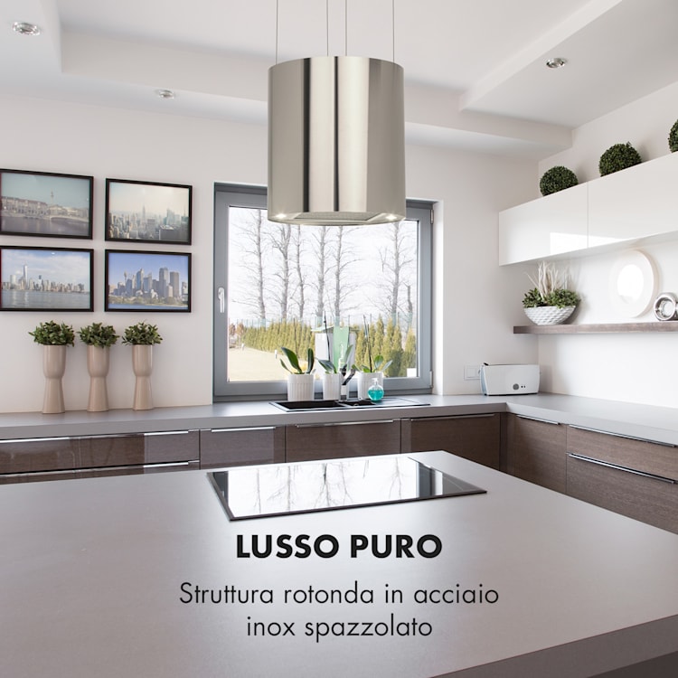 Barett - Cappa aspirante a isola, Ø 35 cm, ricircolo, 558 m³/h, LED, filtri ai carboni attivi Acciaio inox