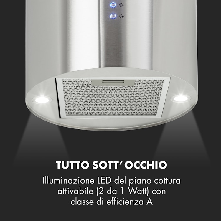 Barett - Cappa aspirante a isola, Ø 35 cm, ricircolo, 558 m³/h, LED, filtri ai carboni attivi Acciaio inox